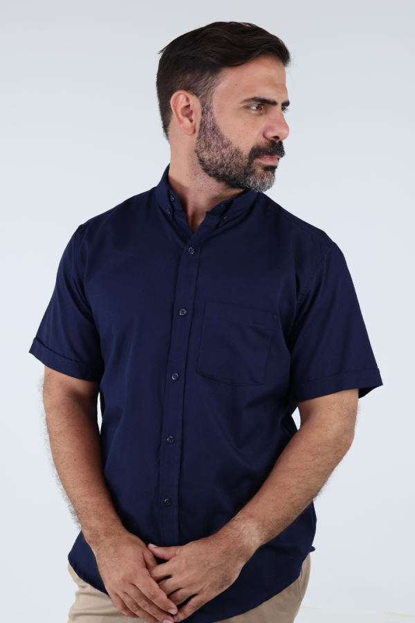 Camisa de Vestir Casual Uniforme Manga Corta Azul Marino para Hombre